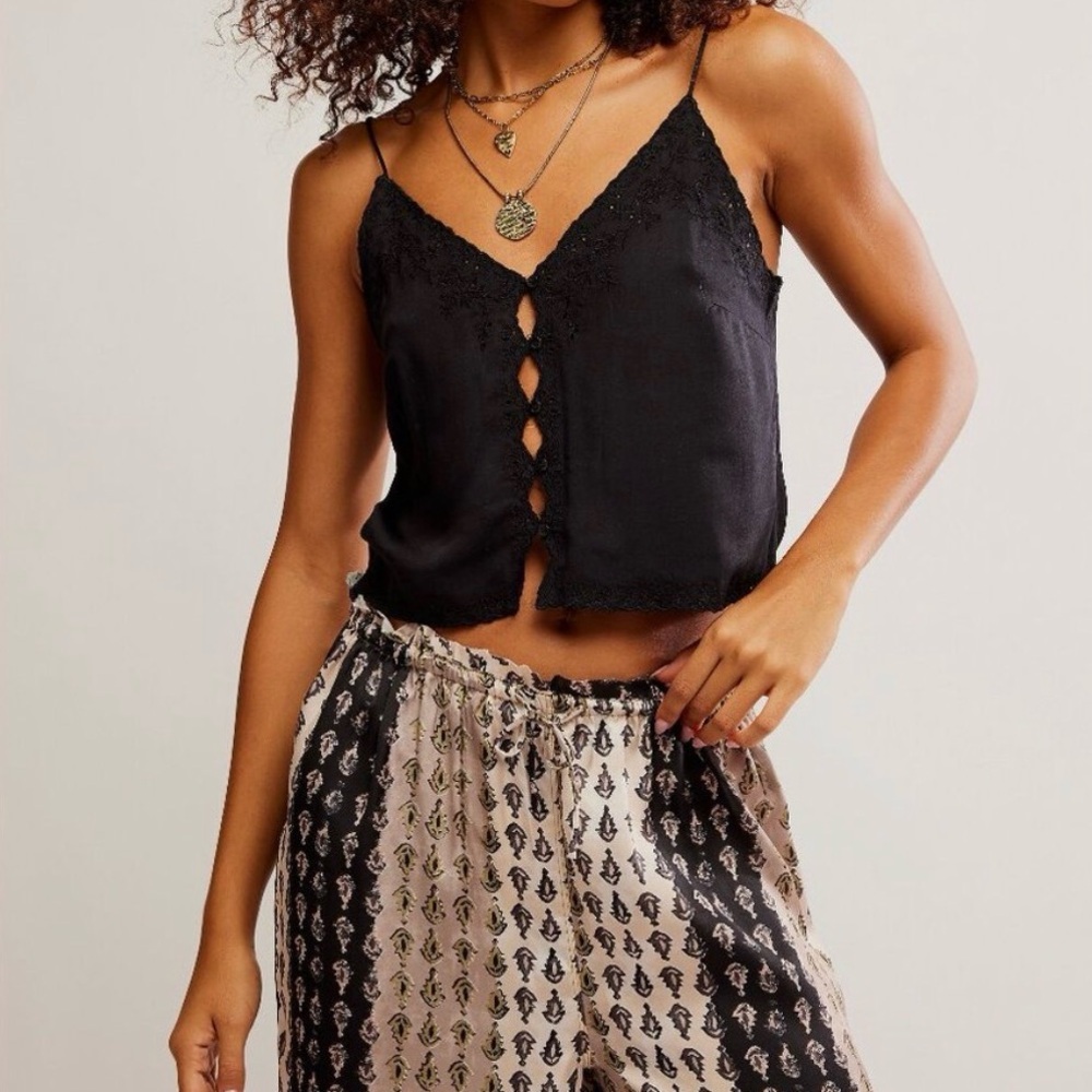 Free People Pieces of You Black Lace-Trim Camisole Tank